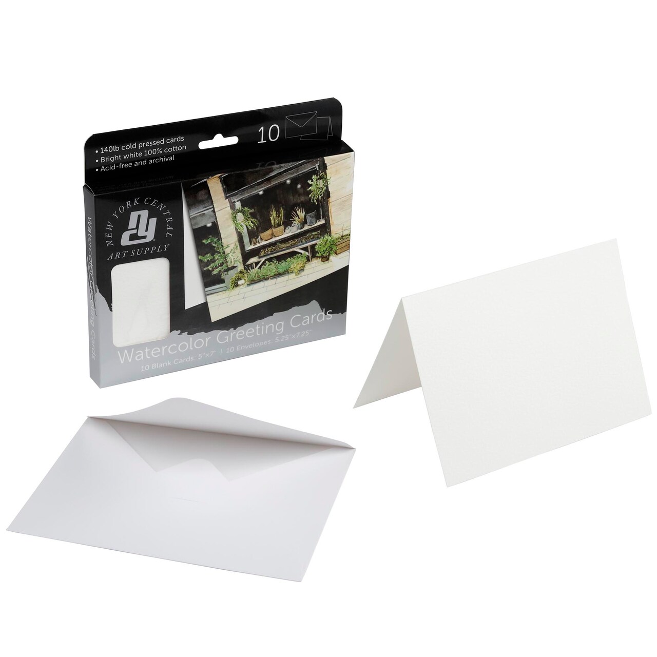 New York Central Folded Watercolor Cards with Envelopes - 5" x 7" - 10-Pack - 140lb Cold Pressed, Bright White 100% Cotton - Archival Acid-Free Watercolor Paper Cards for Artists